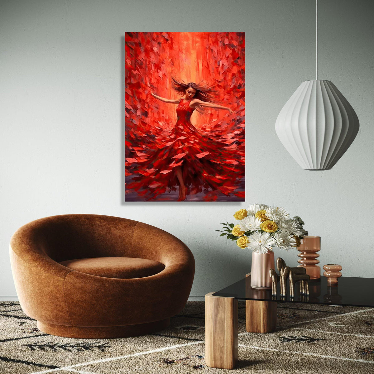 Vibrant Red Dress Dancing Woman Canvas, Flamenco Style Wall Art, Abstract Movement Painting, Dynamic Home Decor, Gift Art, Home Decor, Print