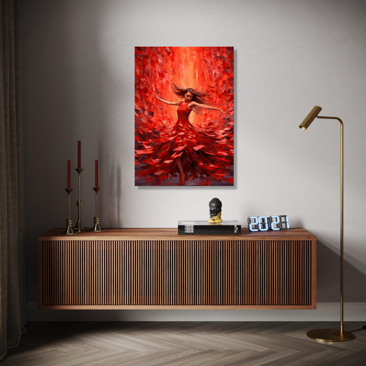 Vibrant Red Dress Dancing Woman Canvas, Flamenco Style Wall Art, Abstract Movement Painting, Dynamic Home Decor, Gift Art, Home Decor, Print