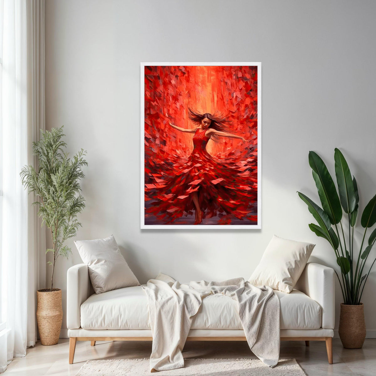Vibrant Red Dress Dancing Woman Canvas, Flamenco Style Wall Art, Abstract Movement Painting, Dynamic Home Decor, Gift Art, Home Decor, Print