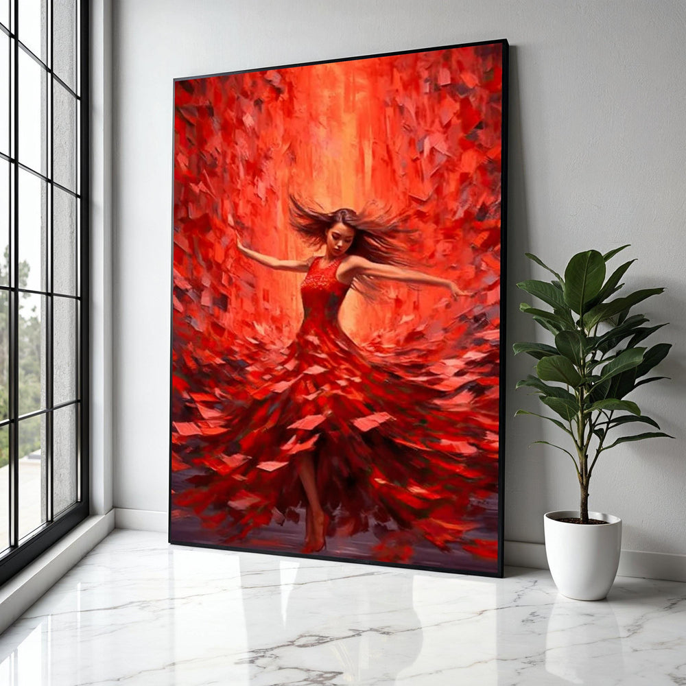 Vibrant Red Dress Dancing Woman Canvas, Flamenco Style Wall Art, Abstract Movement Painting, Dynamic Home Decor, Gift Art, Home Decor, Print