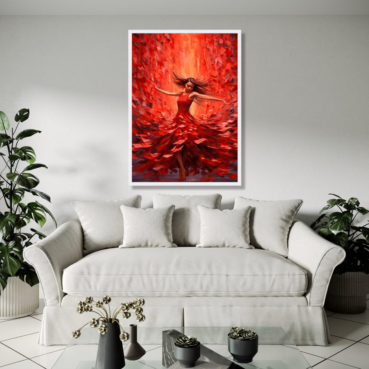 Vibrant Red Dress Dancing Woman Canvas, Flamenco Style Wall Art, Abstract Movement Painting, Dynamic Home Decor, Gift Art, Home Decor, Print