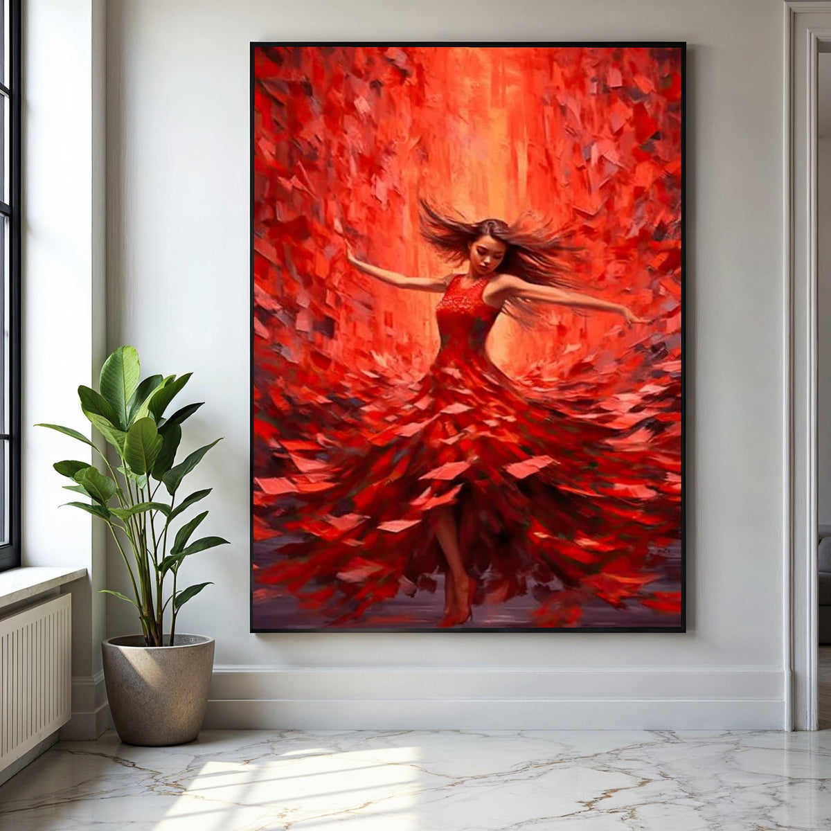 Vibrant Red Dress Dancing Woman Canvas, Flamenco Style Wall Art, Abstract Movement Painting, Dynamic Home Decor, Gift Art, Home Decor, Print