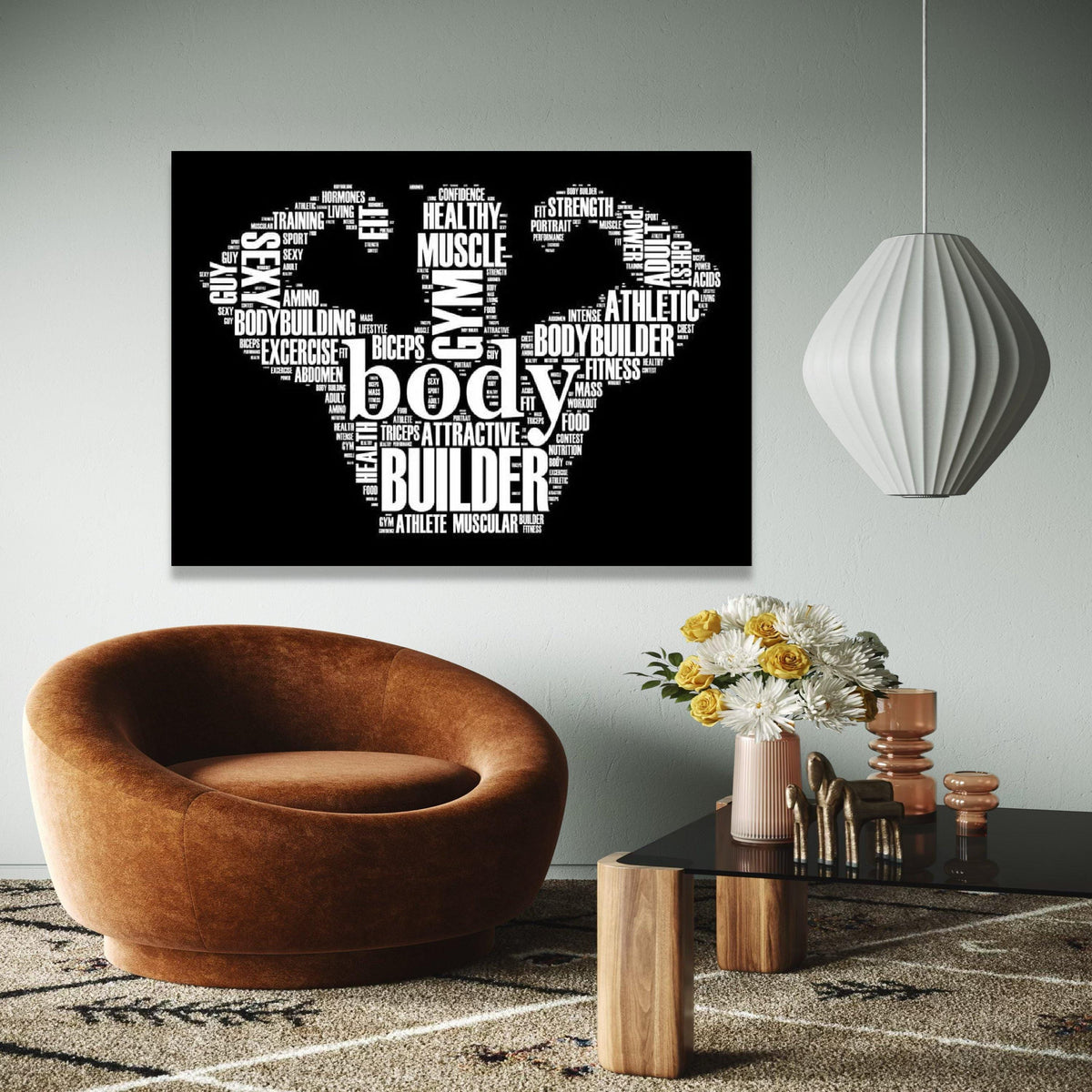 Bodybuilder Typography Art Canvas, Fitness Motivation Wall Decor, Gym Word Cloud Canvas, Muscular Athlete Home Gift Art, Home Decor, Print