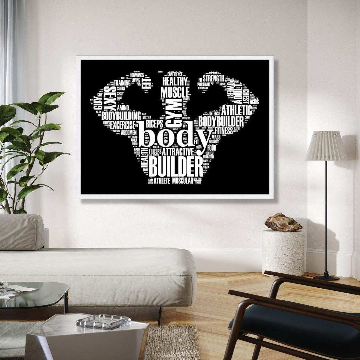 Bodybuilder Typography Art Canvas, Fitness Motivation Wall Decor, Gym Word Cloud Canvas, Muscular Athlete Home Gift Art, Home Decor, Print