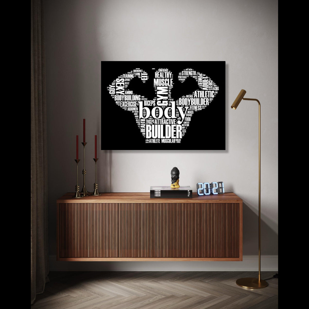 Bodybuilder Typography Art Canvas, Fitness Motivation Wall Decor, Gym Word Cloud Canvas, Muscular Athlete Home Gift Art, Home Decor, Print