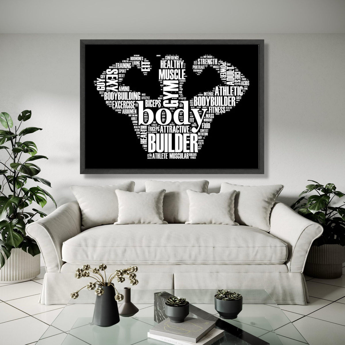 Bodybuilder Typography Art Canvas, Fitness Motivation Wall Decor, Gym Word Cloud Canvas, Muscular Athlete Home Gift Art, Home Decor, Print