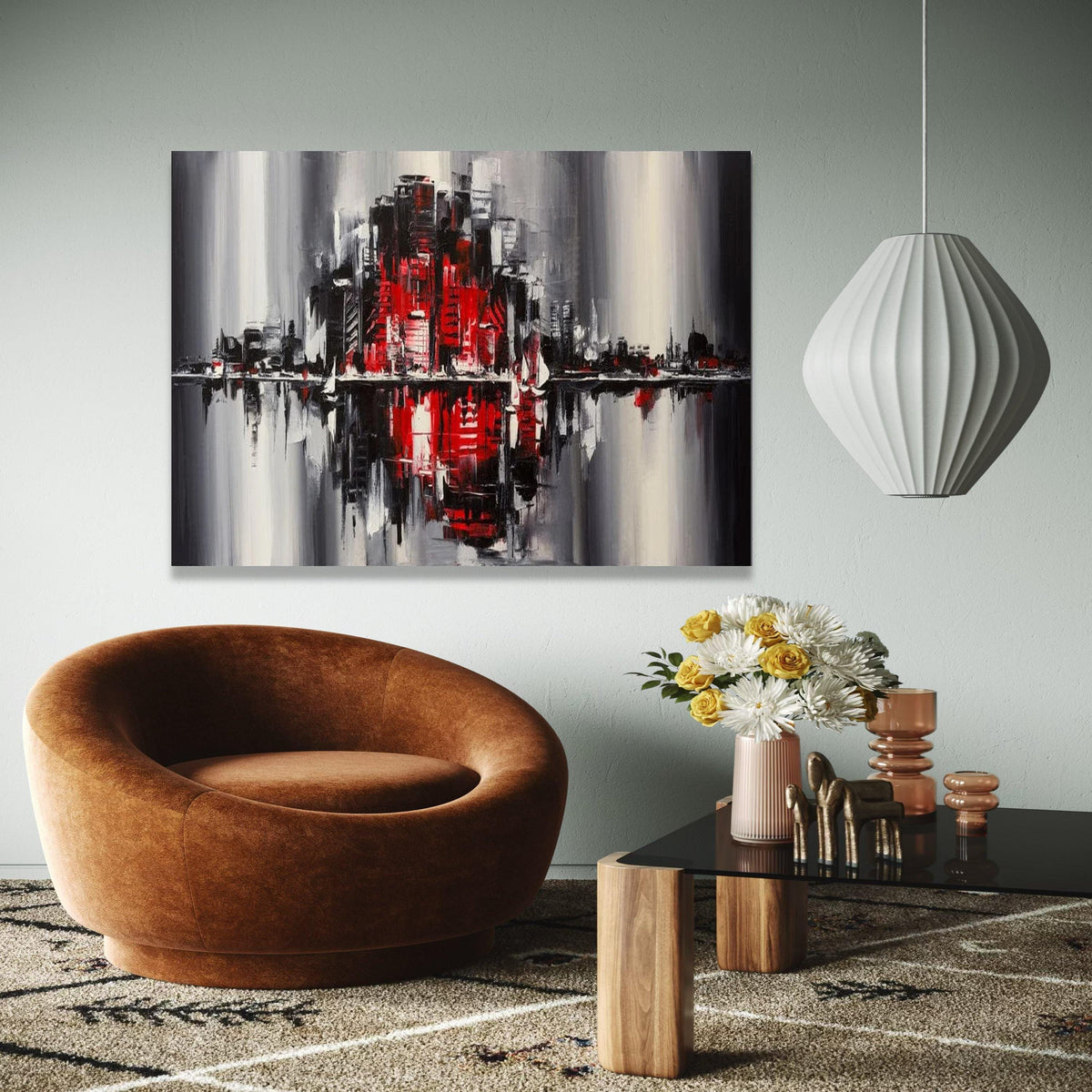 Modern Cityscape Abstract Canvas Wall Art, Red and Black Urban Skyline Painting, Contemporary Home Decoration, Gift Art, Home Decor, Print