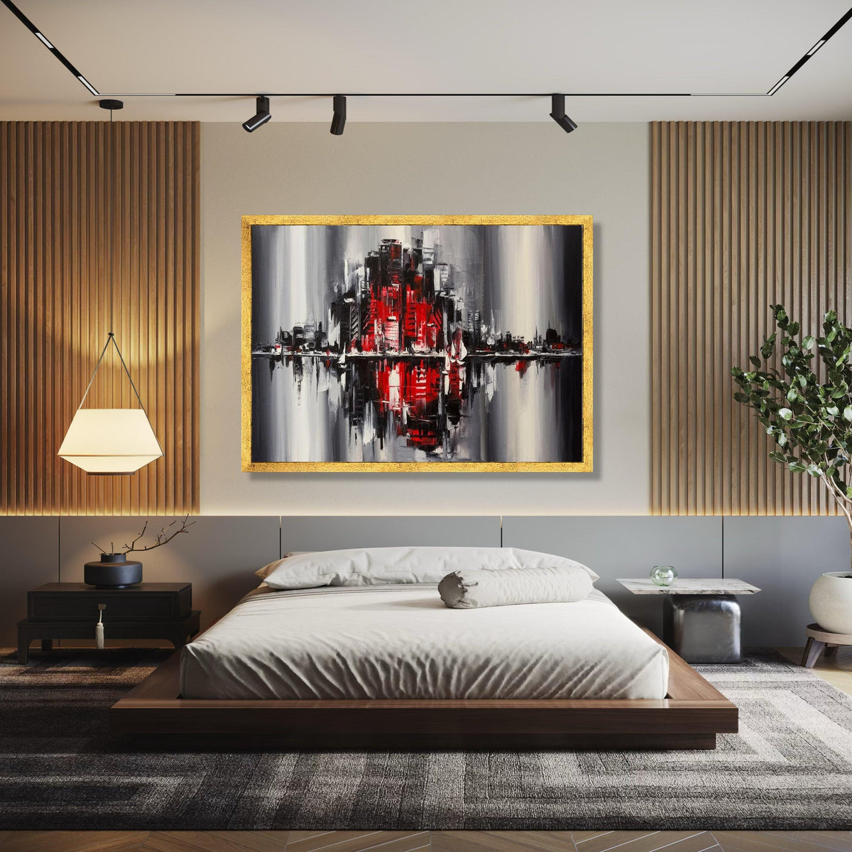 Modern Cityscape Abstract Canvas Wall Art, Red and Black Urban Skyline Painting, Contemporary Home Decoration, Gift Art, Home Decor, Print