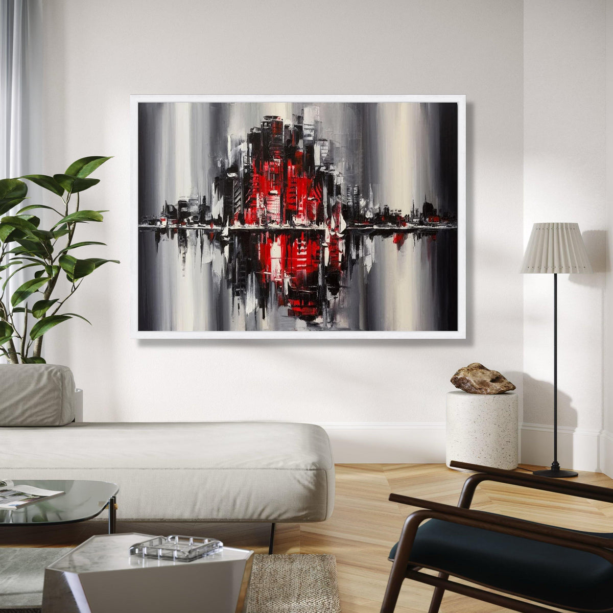Modern Cityscape Abstract Canvas Wall Art, Red and Black Urban Skyline Painting, Contemporary Home Decoration, Gift Art, Home Decor, Print