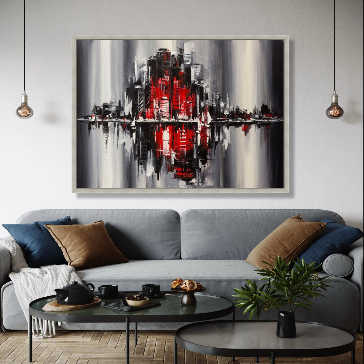 Modern Cityscape Abstract Canvas Wall Art, Red and Black Urban Skyline Painting, Contemporary Home Decoration, Gift Art, Home Decor, Print
