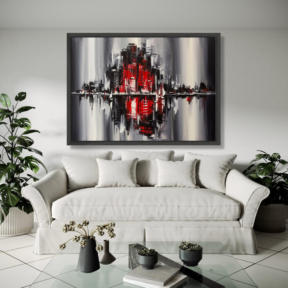 Modern Cityscape Abstract Canvas Wall Art, Red and Black Urban Skyline Painting, Contemporary Home Decoration, Gift Art, Home Decor, Print
