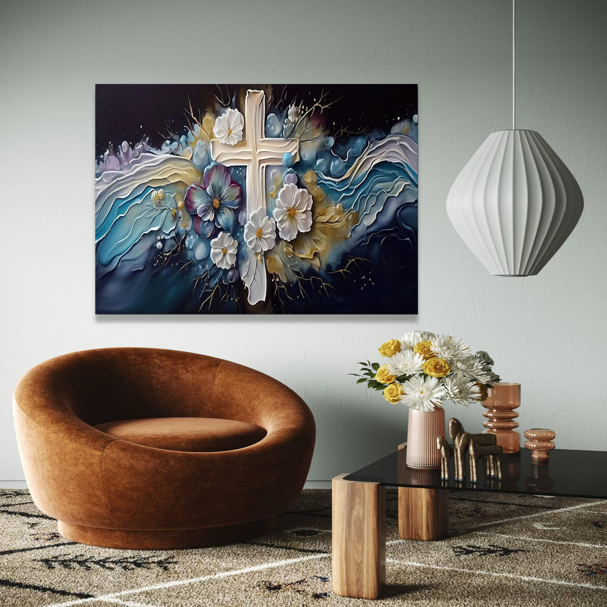 Spiritual Floral Cross Canvas, Religious Wall Art, Elegant Blue and White Flowers, Inspirational Christian Gift Art, Home Decor, Print