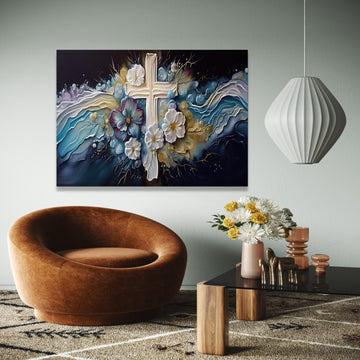 Spiritual Floral Cross Canvas, Religious Wall Art, Elegant Blue and White Flowers, Inspirational Christian Gift Art, Home Decor, Print