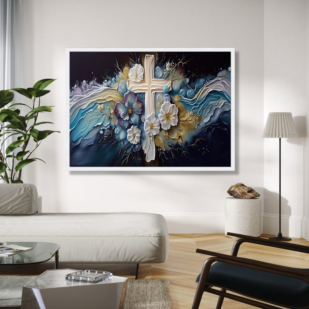 Spiritual Floral Cross Canvas, Religious Wall Art, Elegant Blue and White Flowers, Inspirational Christian Gift Art, Home Decor, Print