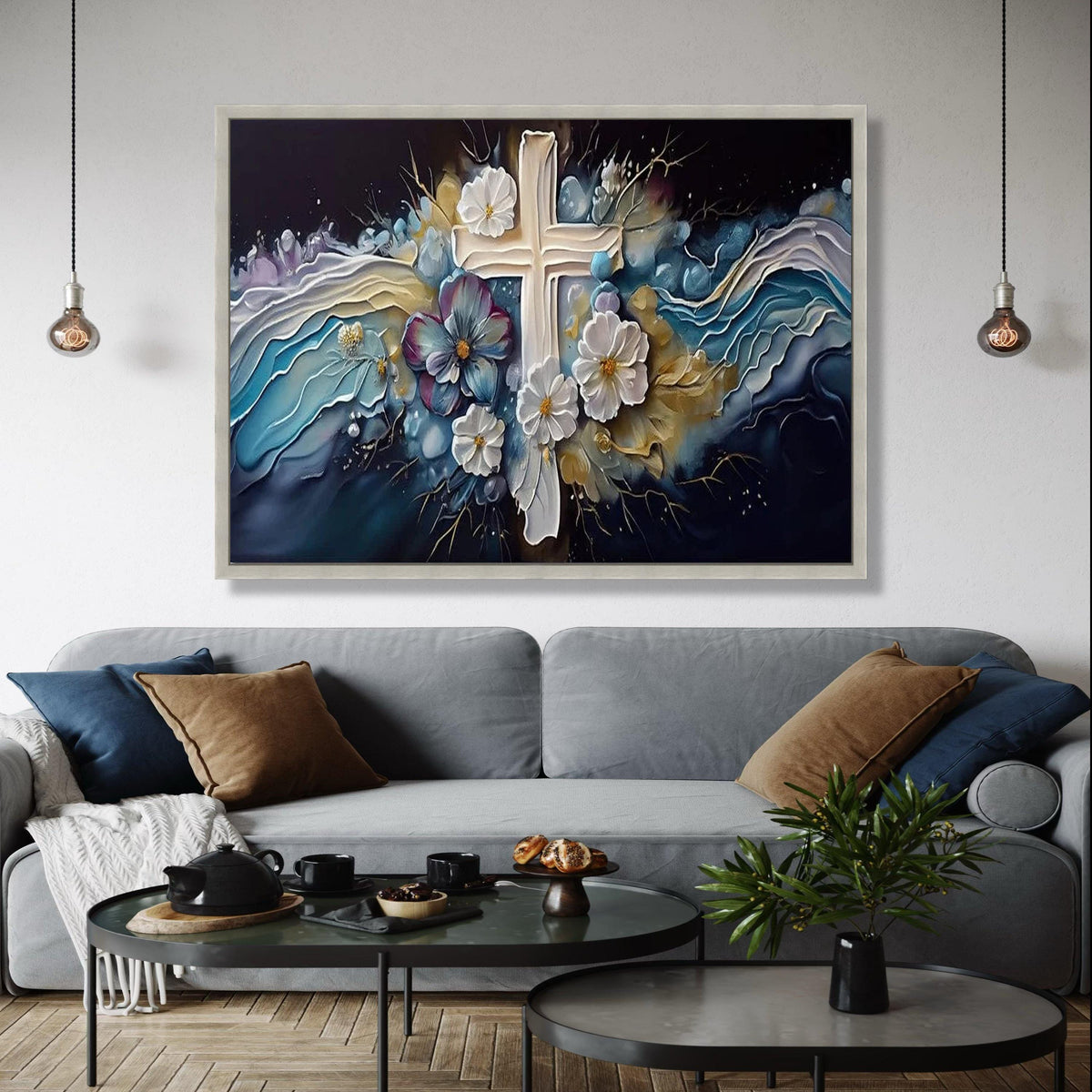 Spiritual Floral Cross Canvas, Religious Wall Art, Elegant Blue and White Flowers, Inspirational Christian Gift Art, Home Decor, Print