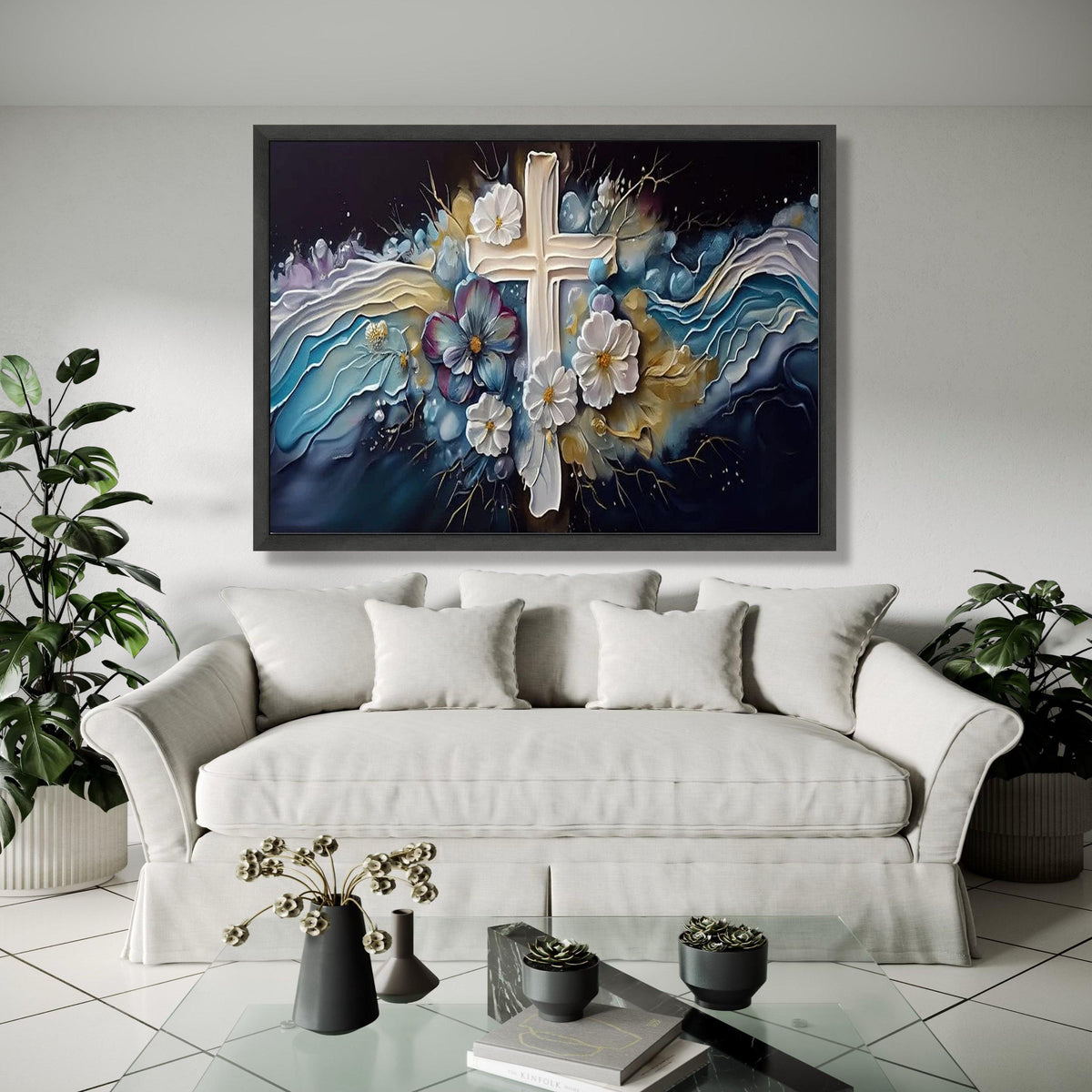 Spiritual Floral Cross Canvas, Religious Wall Art, Elegant Blue and White Flowers, Inspirational Christian Gift Art, Home Decor, Print