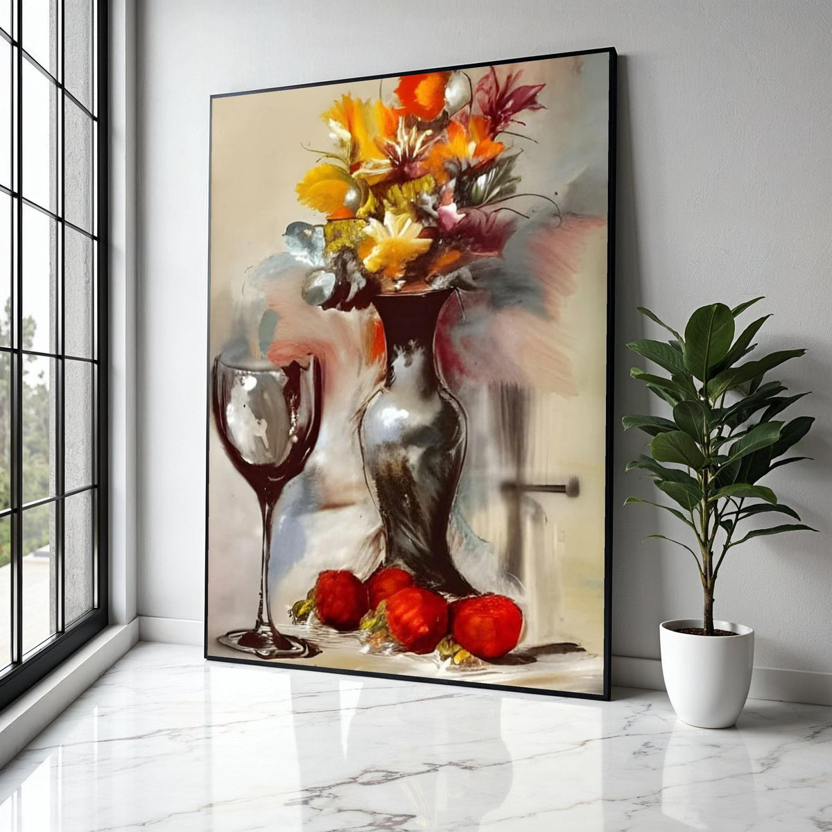 Abstract Floral Still Life Canvas, Modern Vase and Wine Glass Art, Colorful Autumn Bouquet Wall Art, Gift Art, Home Decor, Print