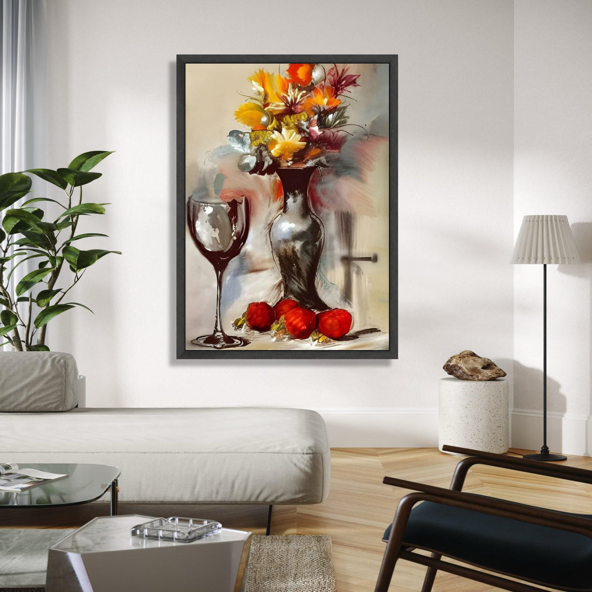 Abstract Floral Still Life Canvas, Modern Vase and Wine Glass Art, Colorful Autumn Bouquet Wall Art, Gift Art, Home Decor, Print
