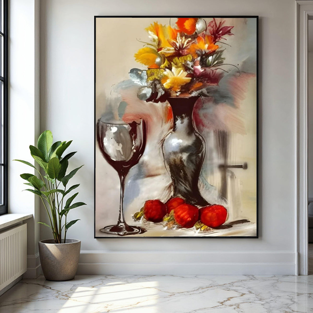 Abstract Floral Still Life Canvas, Modern Vase and Wine Glass Art, Colorful Autumn Bouquet Wall Art, Gift Art, Home Decor, Print