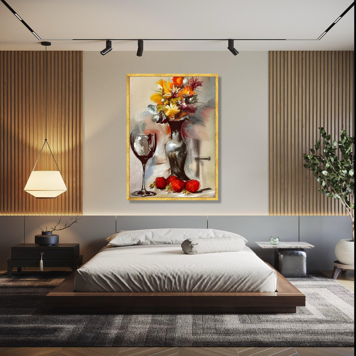Abstract Floral Still Life Canvas, Modern Vase and Wine Glass Art, Colorful Autumn Bouquet Wall Art, Gift Art, Home Decor, Print