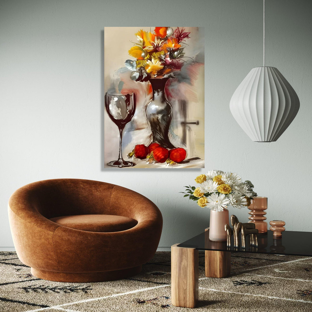 Abstract Floral Still Life Canvas, Modern Vase and Wine Glass Art, Colorful Autumn Bouquet Wall Art, Gift Art, Home Decor, Print