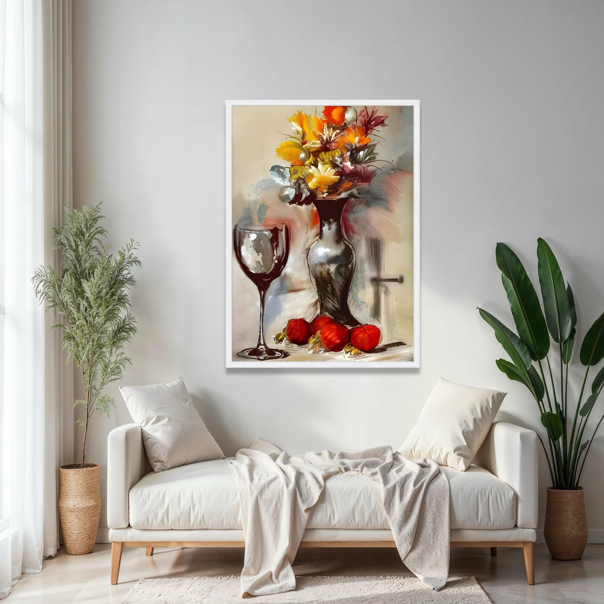 Abstract Floral Still Life Canvas, Modern Vase and Wine Glass Art, Colorful Autumn Bouquet Wall Art, Gift Art, Home Decor, Print