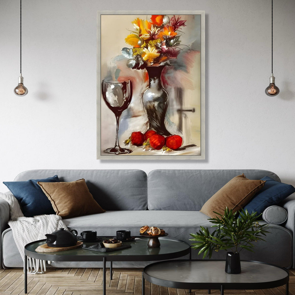 Abstract Floral Still Life Canvas, Modern Vase and Wine Glass Art, Colorful Autumn Bouquet Wall Art, Gift Art, Home Decor, Print