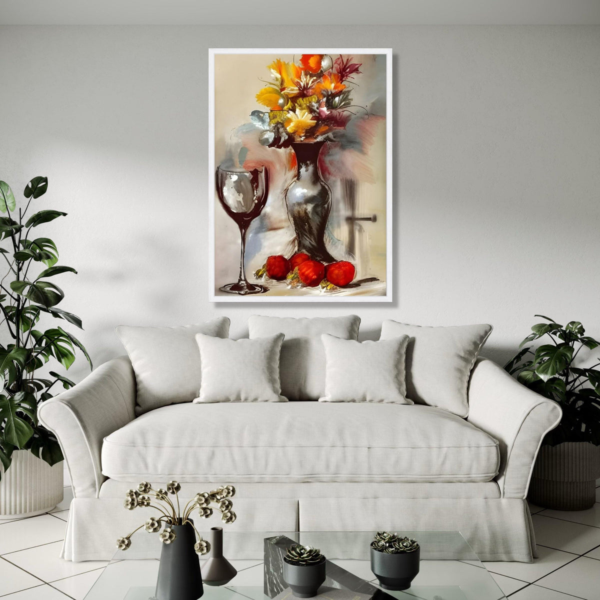 Abstract Floral Still Life Canvas, Modern Vase and Wine Glass Art, Colorful Autumn Bouquet Wall Art, Gift Art, Home Decor, Print
