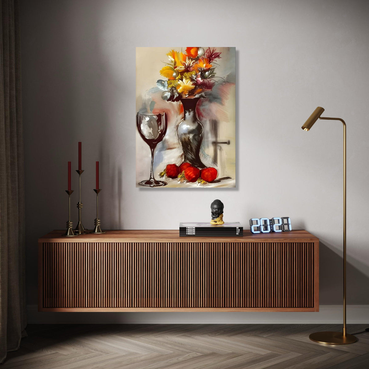 Abstract Floral Still Life Canvas, Modern Vase and Wine Glass Art, Colorful Autumn Bouquet Wall Art, Gift Art, Home Decor, Print