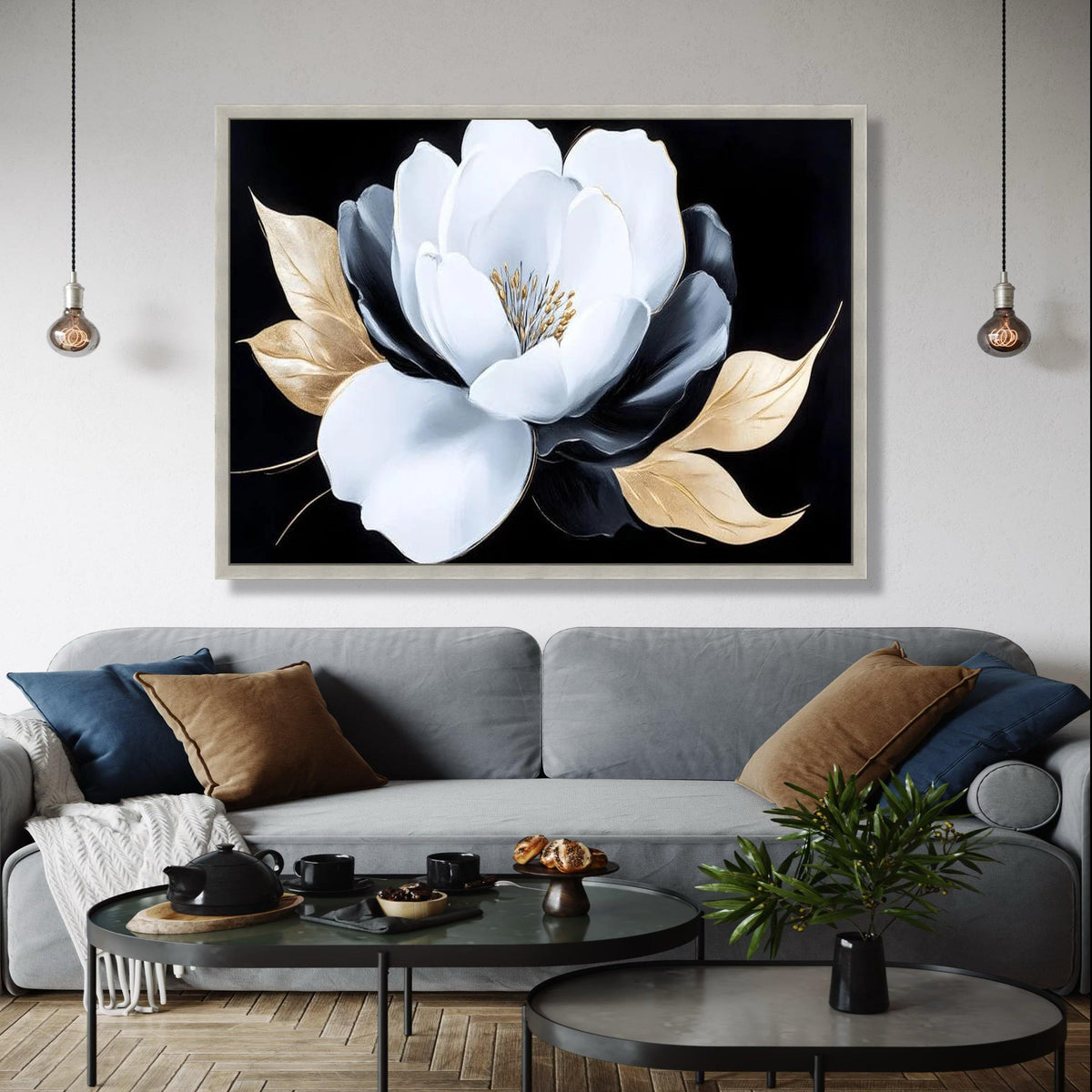 Elegant White and Black Flower Canvas, Gold Leaves Wall Art, Modern Floral Canvas Decoration, Luxury Home Gift Art, Home Decor, Print