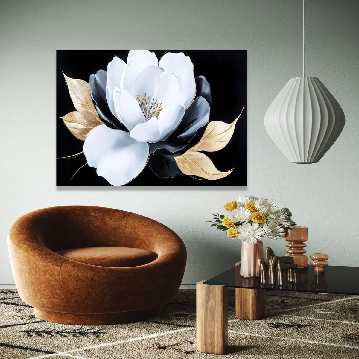 Elegant White and Black Flower Canvas, Gold Leaves Wall Art, Modern Floral Canvas Decoration, Luxury Home Gift Art, Home Decor, Print