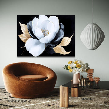 Elegant White and Black Flower Canvas, Gold Leaves Wall Art, Modern Floral Canvas Decoration, Luxury Home Gift Art, Home Decor, Print