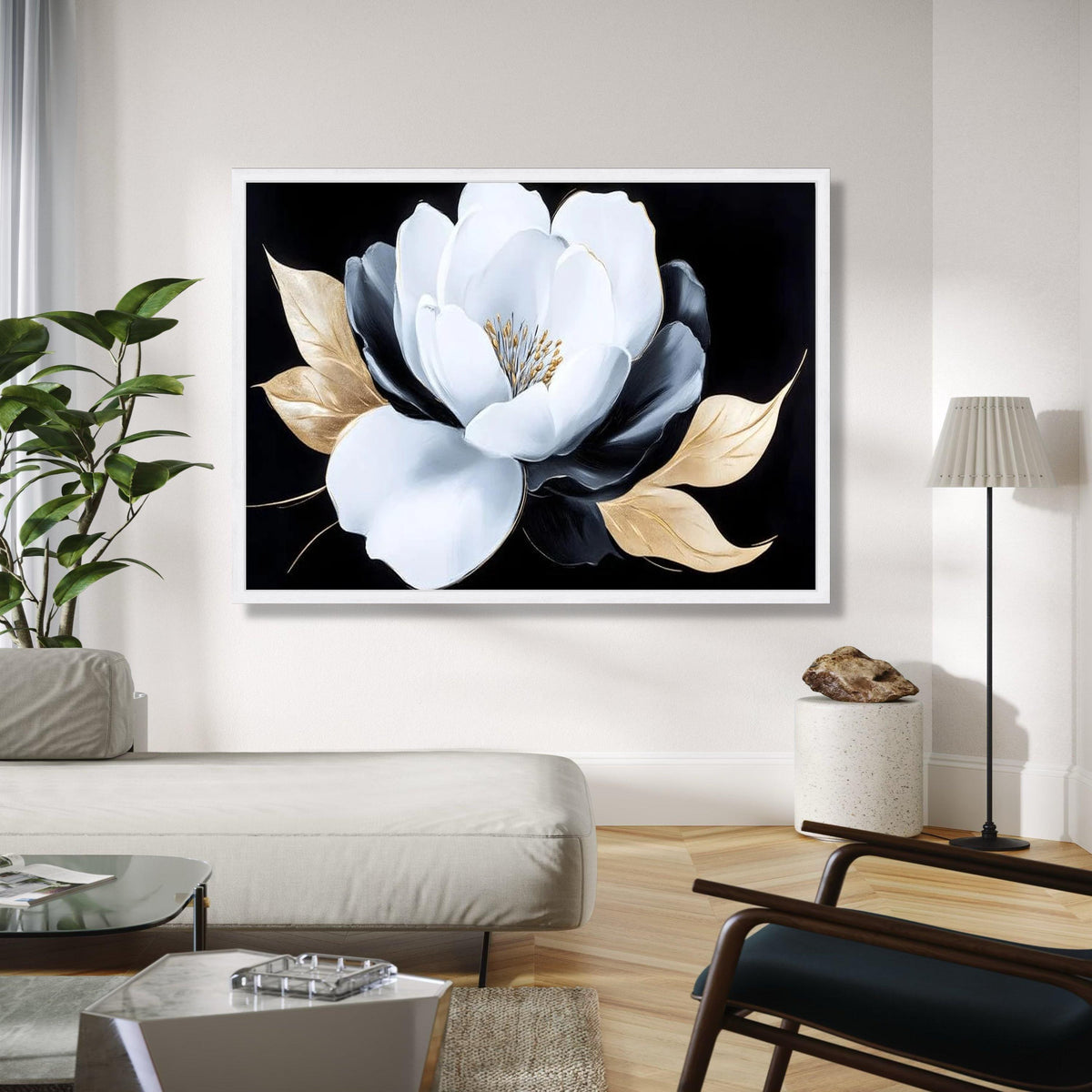 Elegant White and Black Flower Canvas, Gold Leaves Wall Art, Modern Floral Canvas Decoration, Luxury Home Gift Art, Home Decor, Print