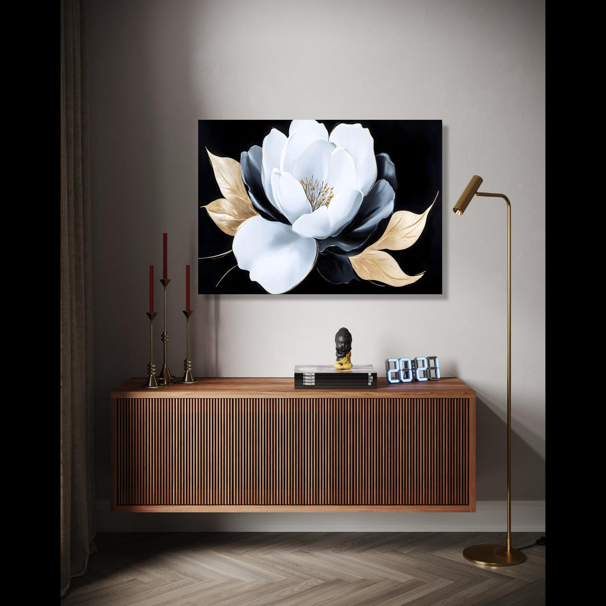 Elegant White and Black Flower Canvas, Gold Leaves Wall Art, Modern Floral Canvas Decoration, Luxury Home Gift Art, Home Decor, Print