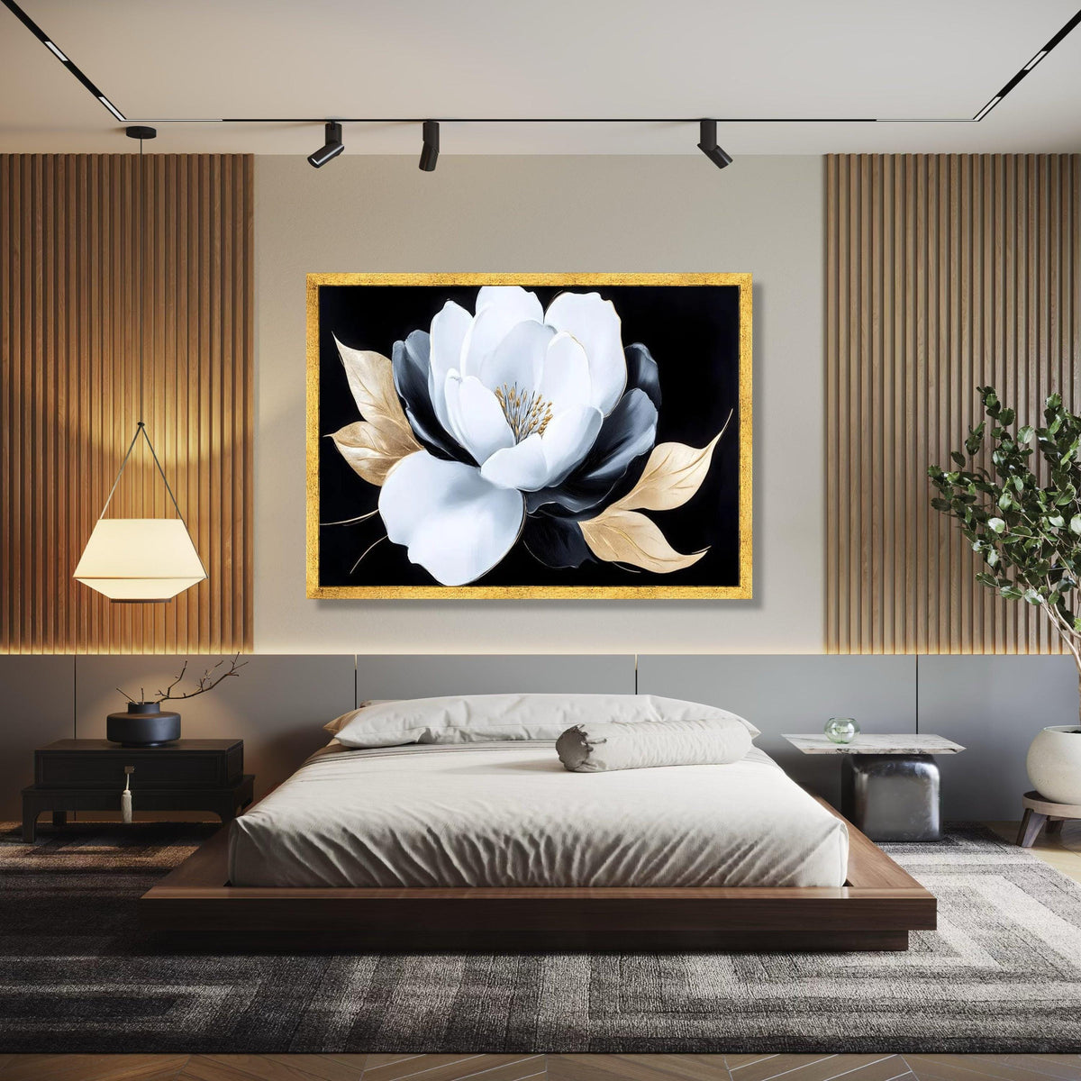 Elegant White and Black Flower Canvas, Gold Leaves Wall Art, Modern Floral Canvas Decoration, Luxury Home Gift Art, Home Decor, Print