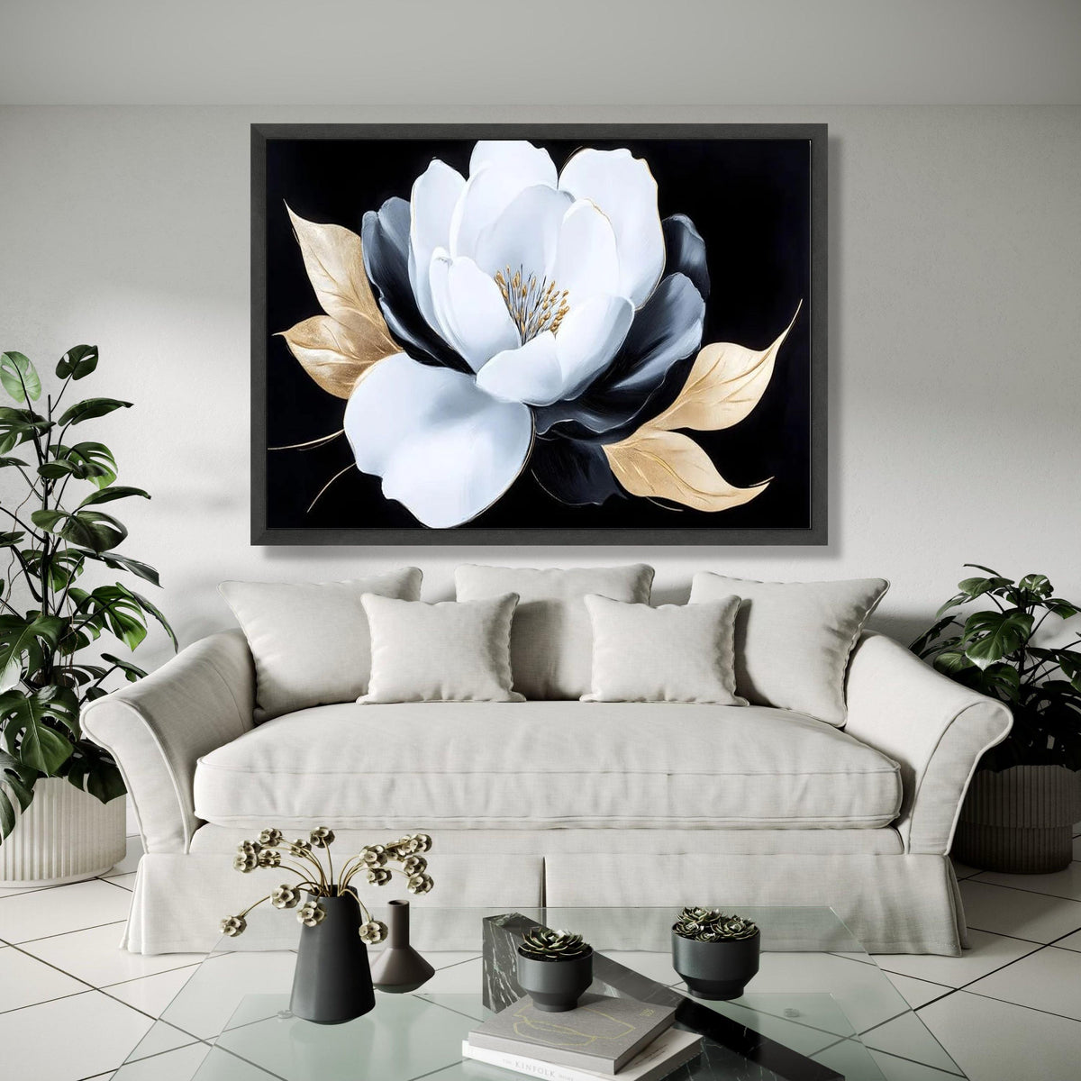 Elegant White and Black Flower Canvas, Gold Leaves Wall Art, Modern Floral Canvas Decoration, Luxury Home Gift Art, Home Decor, Print
