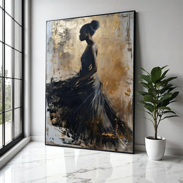 Elegant Black Dress Silhouette Canvas, Abstract Female Portrait Wall Art, Gold Accent Art, Modern Home Gift Art, Home Decor, Print