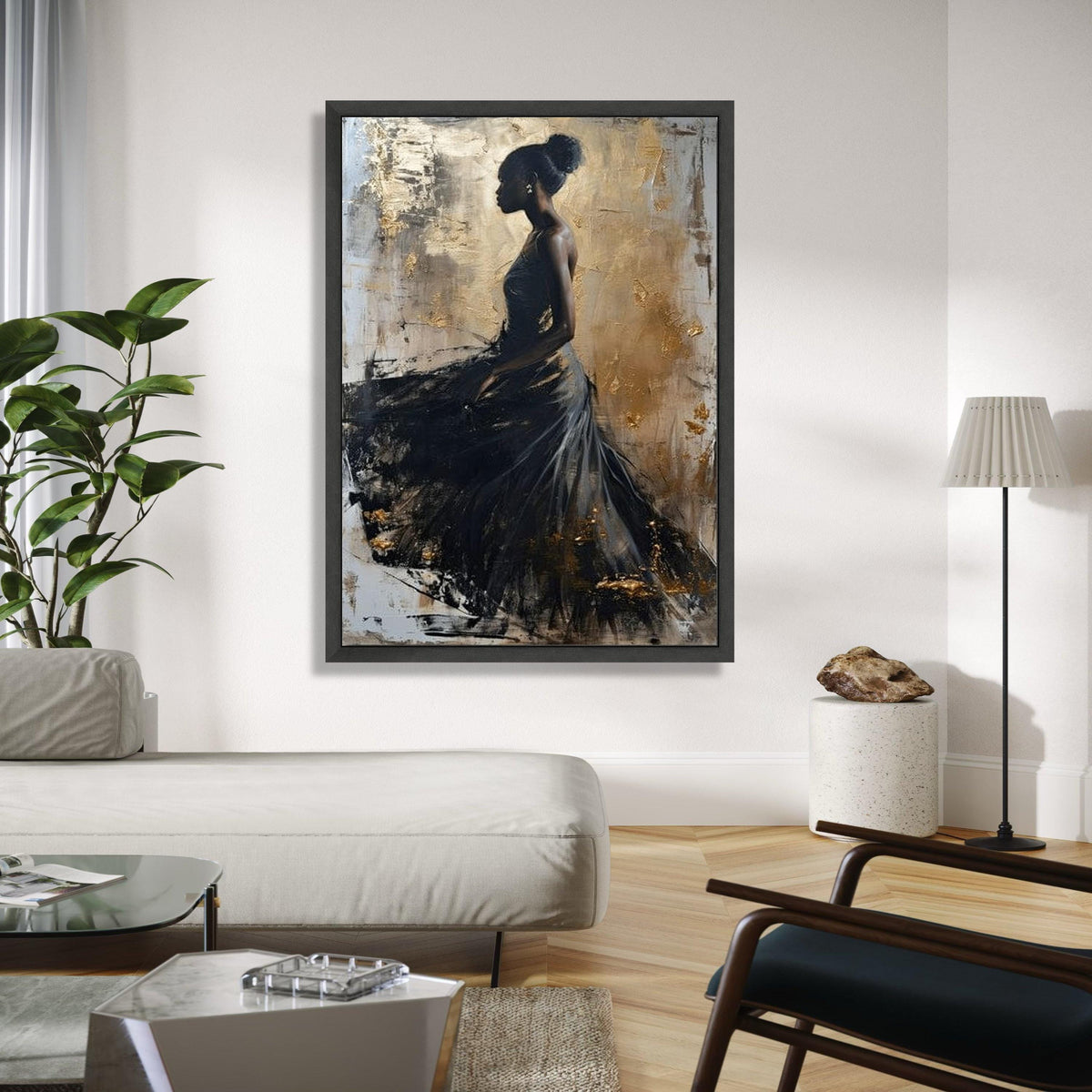 Elegant Black Dress Silhouette Canvas, Abstract Female Portrait Wall Art, Gold Accent Art, Modern Home Gift Art, Home Decor, Print