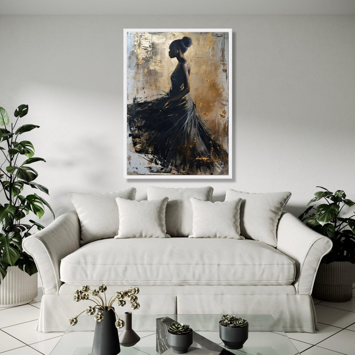 Elegant Black Dress Silhouette Canvas, Abstract Female Portrait Wall Art, Gold Accent Art, Modern Home Gift Art, Home Decor, Print