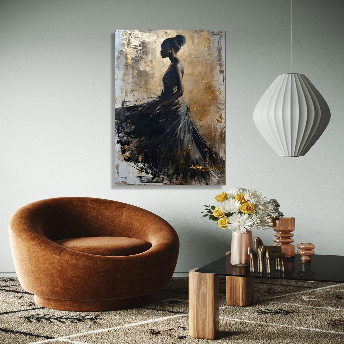 Elegant Black Dress Silhouette Canvas, Abstract Female Portrait Wall Art, Gold Accent Art, Modern Home Gift Art, Home Decor, Print