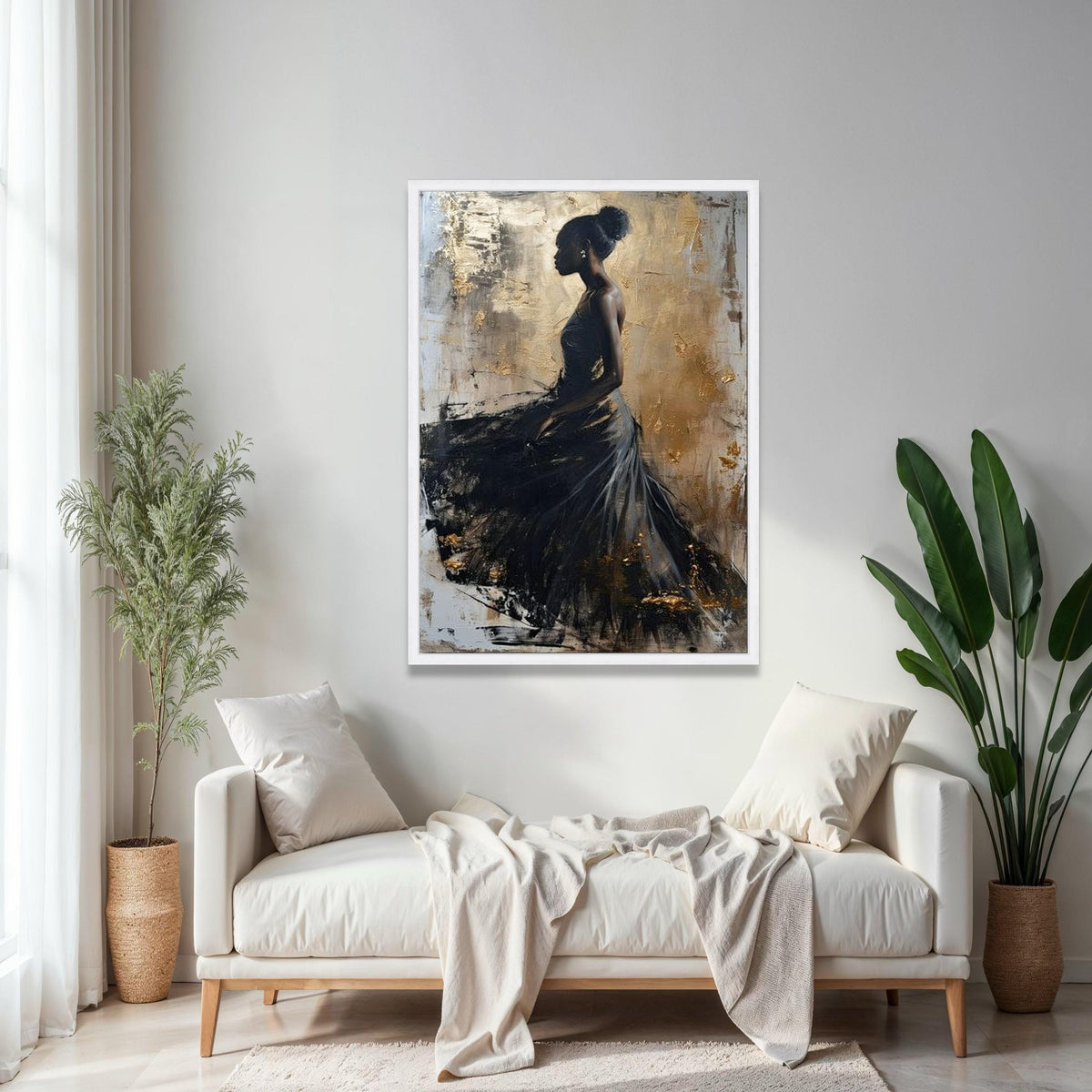 Elegant Black Dress Silhouette Canvas, Abstract Female Portrait Wall Art, Gold Accent Art, Modern Home Gift Art, Home Decor, Print