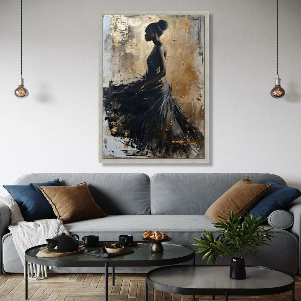 Elegant Black Dress Silhouette Canvas, Abstract Female Portrait Wall Art, Gold Accent Art, Modern Home Gift Art, Home Decor, Print
