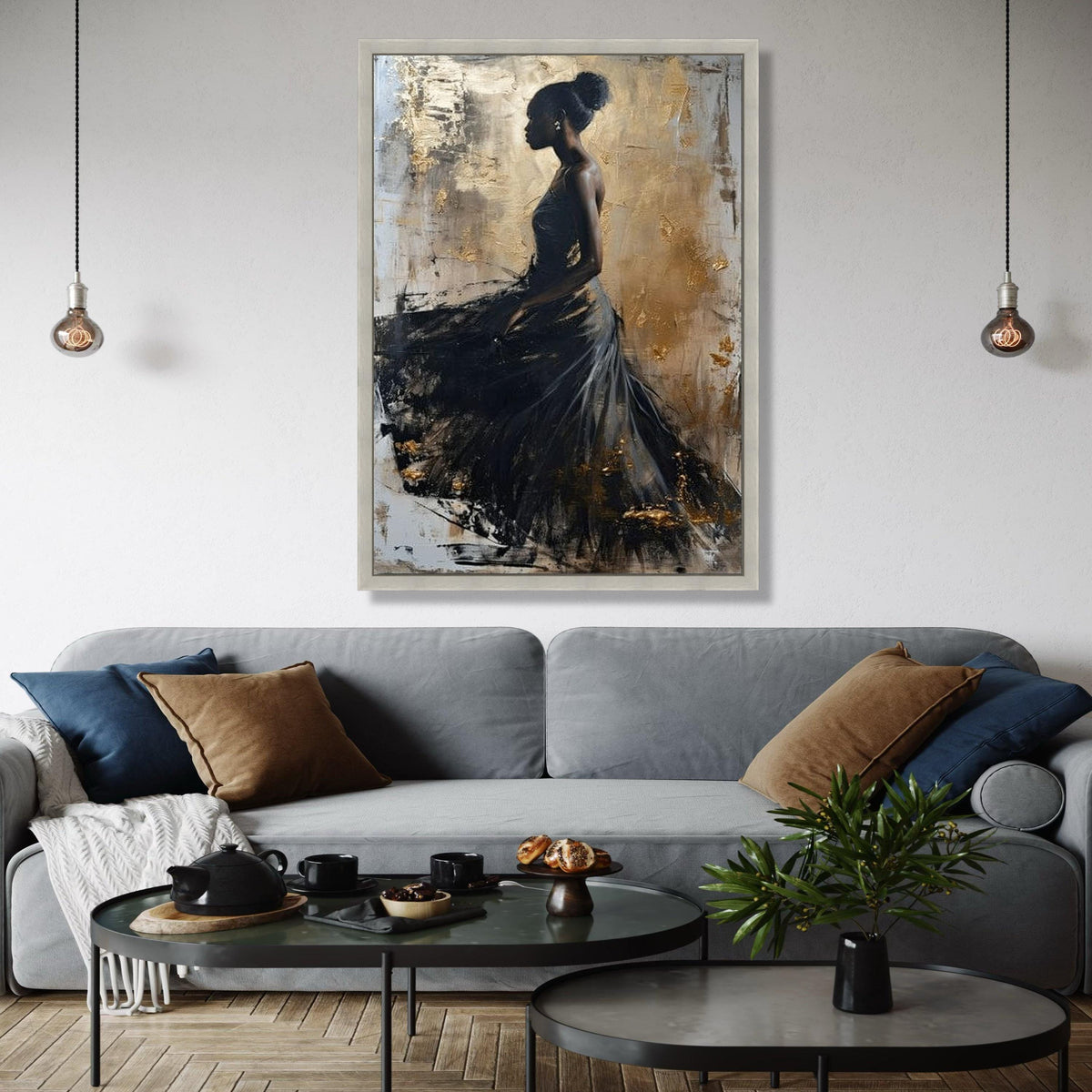 Elegant Black Dress Silhouette Canvas, Abstract Female Portrait Wall Art, Gold Accent Art, Modern Home Gift Art, Home Decor, Print