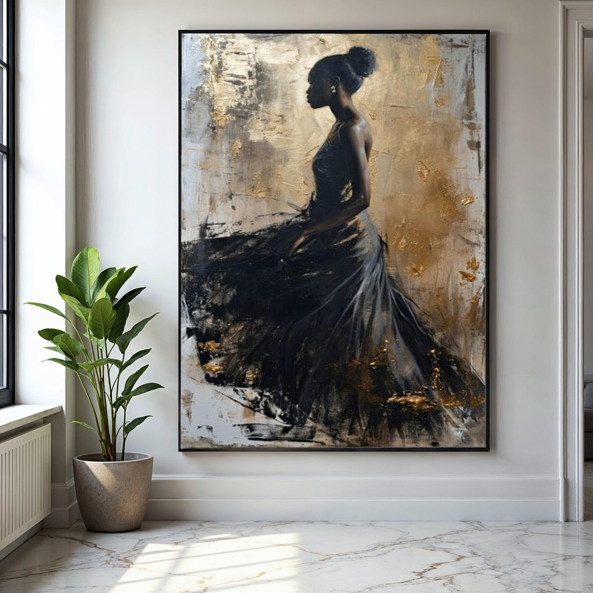 Elegant Black Dress Silhouette Canvas, Abstract Female Portrait Wall Art, Gold Accent Art, Modern Home Gift Art, Home Decor, Print