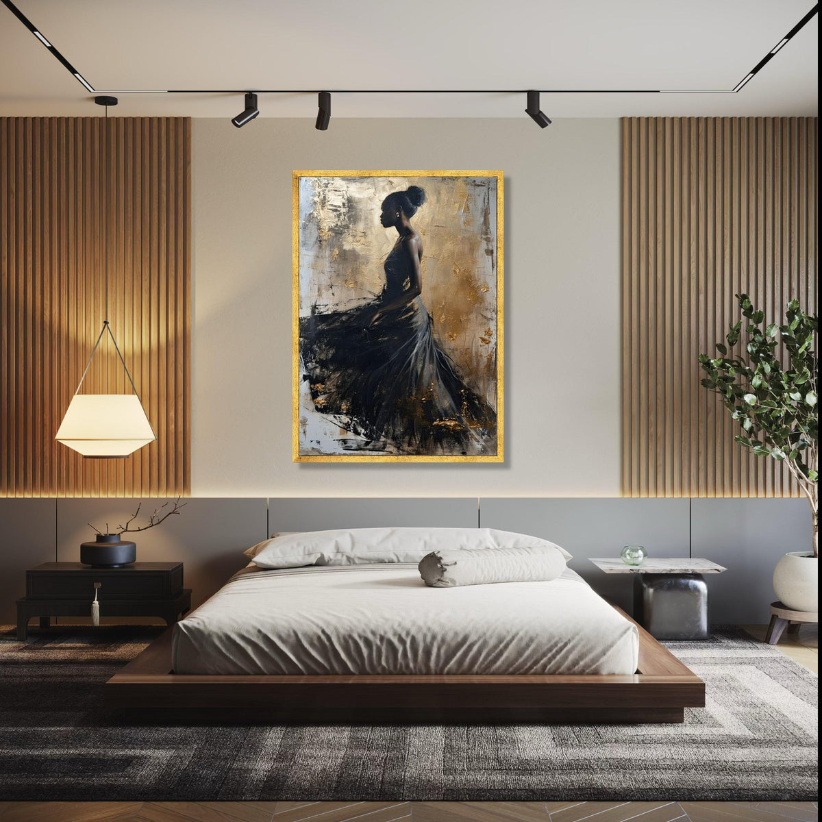Elegant Black Dress Silhouette Canvas, Abstract Female Portrait Wall Art, Gold Accent Art, Modern Home Gift Art, Home Decor, Print