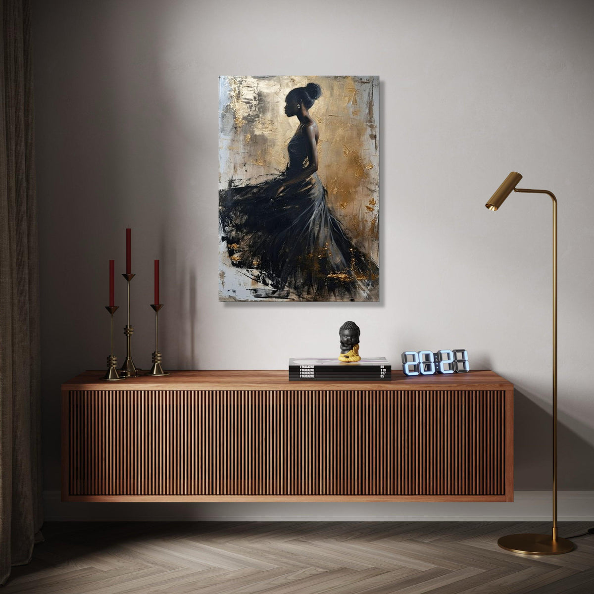 Elegant Black Dress Silhouette Canvas, Abstract Female Portrait Wall Art, Gold Accent Art, Modern Home Gift Art, Home Decor, Print