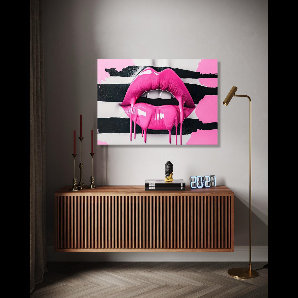 Dripping Pink Lips Canvas Wall Art, Modern Pop Art, Glossy Lip Design, Bold Graffiti Style, Contemporary Home Gift Art, Home Decor, Print