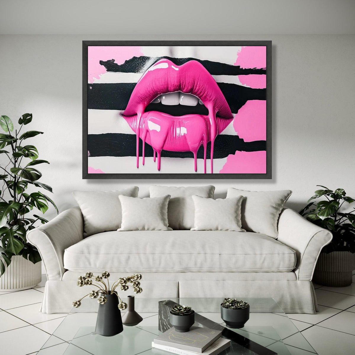 Dripping Pink Lips Canvas Wall Art, Modern Pop Art, Glossy Lip Design, Bold Graffiti Style, Contemporary Home Gift Art, Home Decor, Print