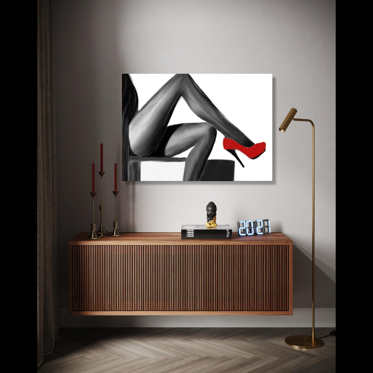 Elegant Woman Legs Canvas Art, Black and White Wall Decor, Red High Heel Shoes, Modern Fashion Canvas, Chic Home Gift Art, Home Decor, Print