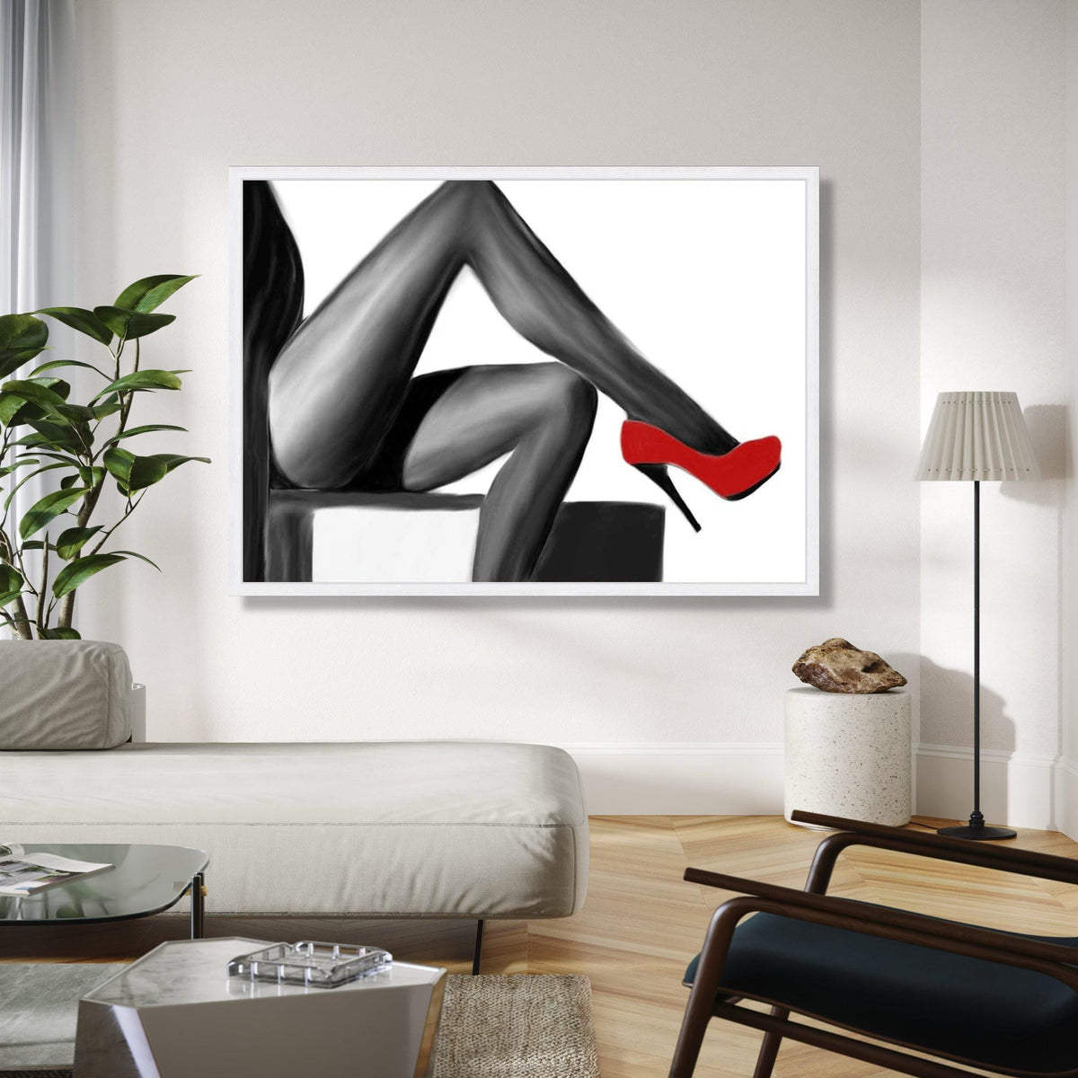 Elegant Woman Legs Canvas Art, Black and White Wall Decor, Red High Heel Shoes, Modern Fashion Canvas, Chic Home Gift Art, Home Decor, Print